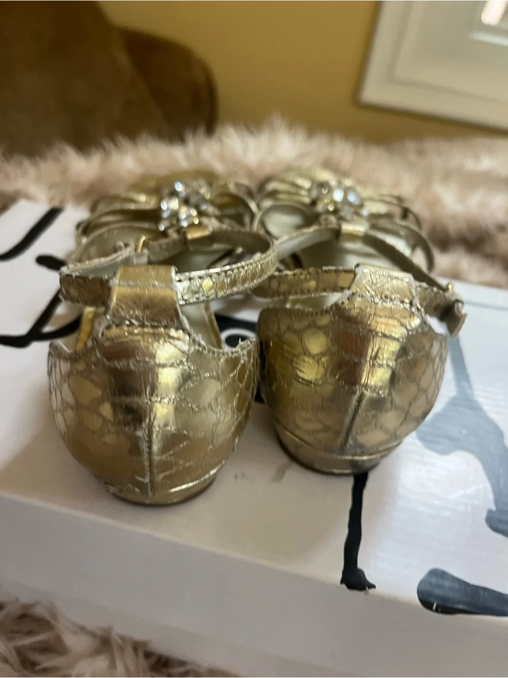 Unisa Gold Metallic Crystal Embellished T-Strap Heels